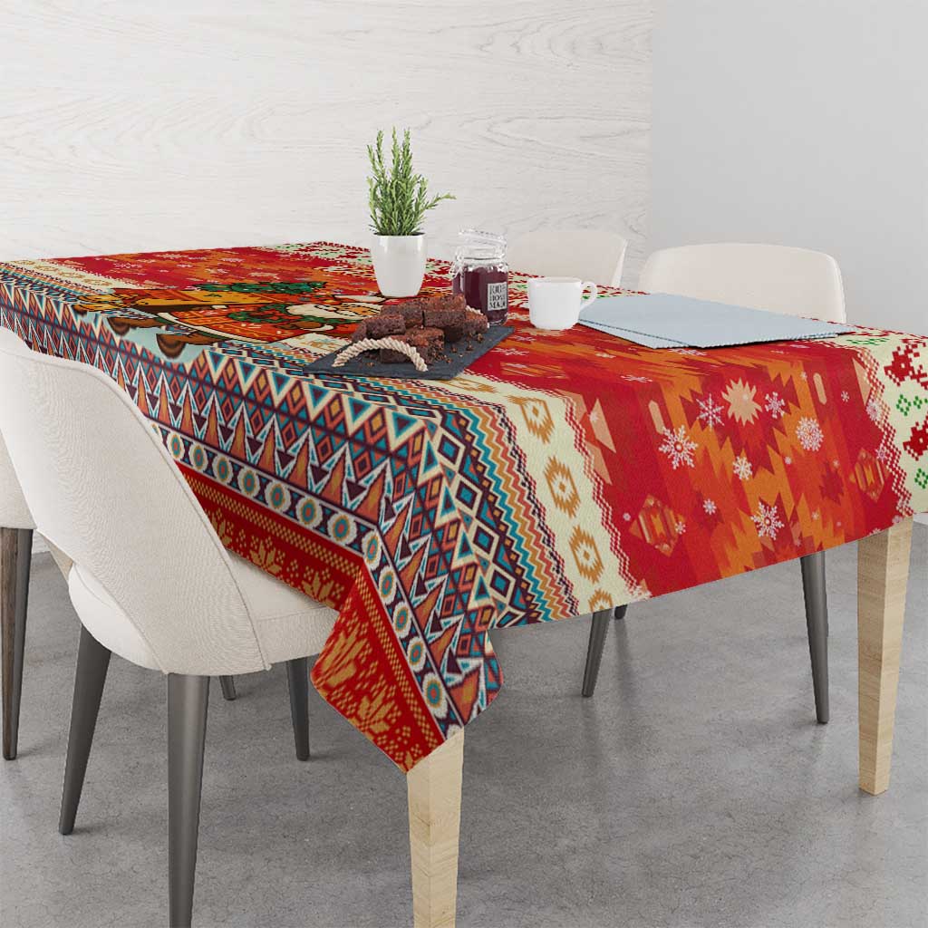 Native American Christmas Tablecloth with Red & Orange Geometric Pattern Santa Claus and Teepee Motif - Wonder Print Shop