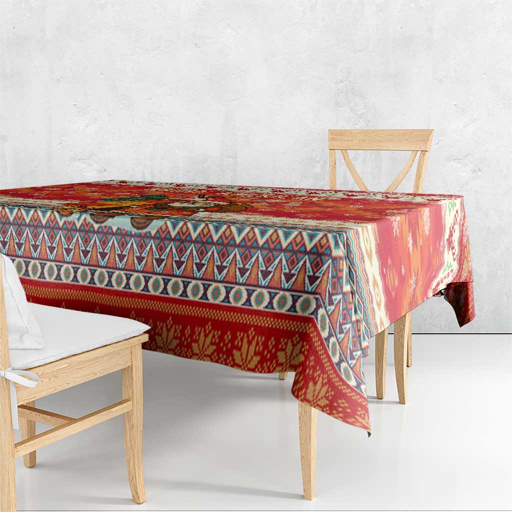 Native American Christmas Tablecloth with Red & Orange Geometric Pattern Santa Claus and Teepee Motif - Wonder Print Shop