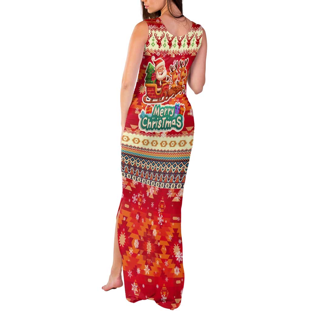 Native American Christmas Tank Maxi Dress with Red & Orange Geometric Pattern Santa Claus and Teepee Motif - Wonder Print Shop