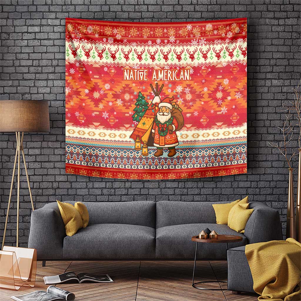 Native American Christmas Tapestry with Red & Orange Geometric Pattern Santa Claus and Teepee Motif - Wonder Print Shop