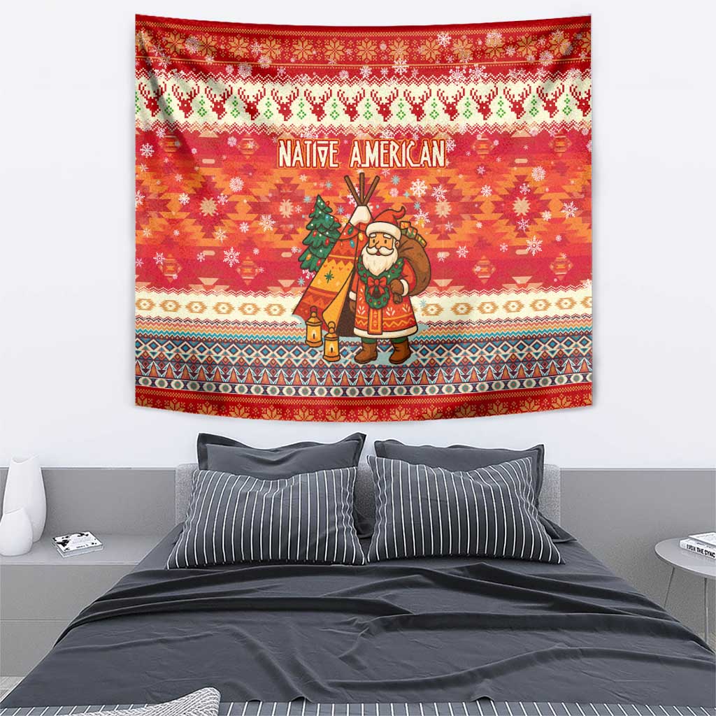 Native American Christmas Tapestry with Red & Orange Geometric Pattern Santa Claus and Teepee Motif - Wonder Print Shop