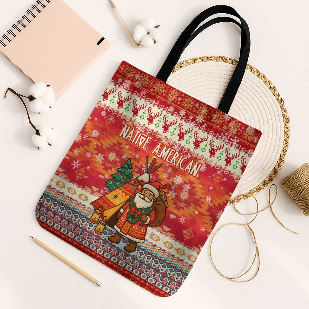 Native American Christmas Tote Bag with Red & Orange Geometric Pattern Santa Claus and Teepee Motif - Wonder Print Shop