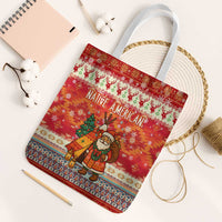 Native American Christmas Tote Bag with Red & Orange Geometric Pattern Santa Claus and Teepee Motif - Wonder Print Shop