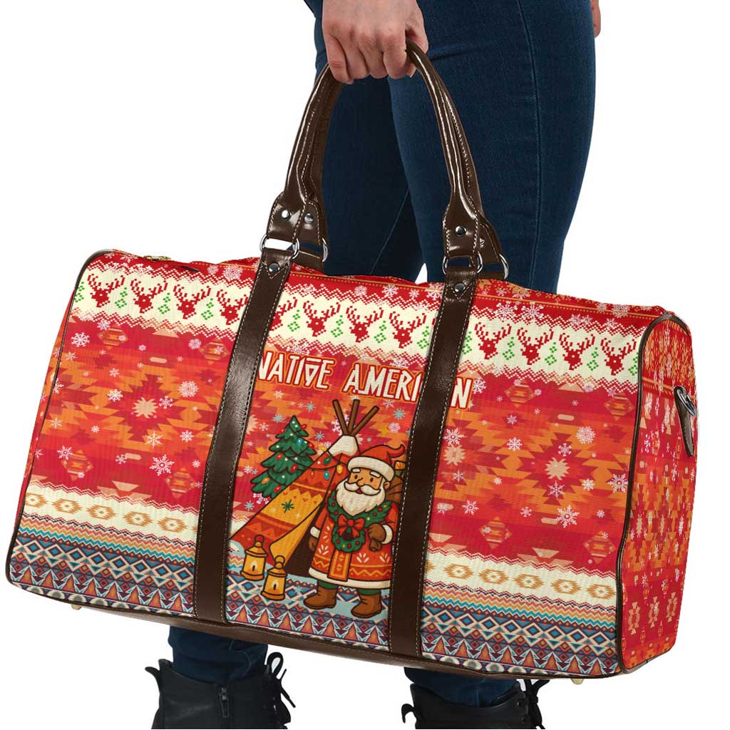 Native American Christmas Travel Bag with Red & Orange Geometric Pattern Santa Claus and Teepee Motif - Wonder Print Shop