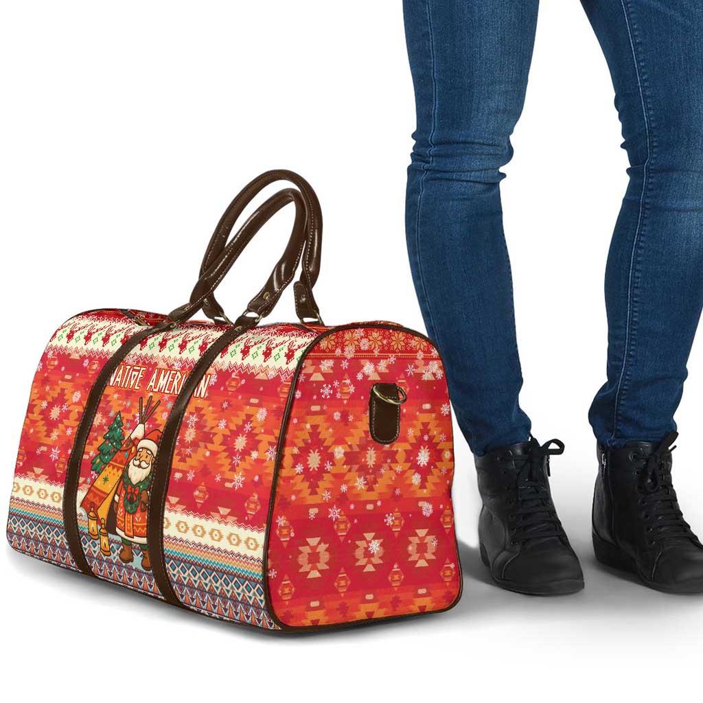 Native American Christmas Travel Bag with Red & Orange Geometric Pattern Santa Claus and Teepee Motif - Wonder Print Shop