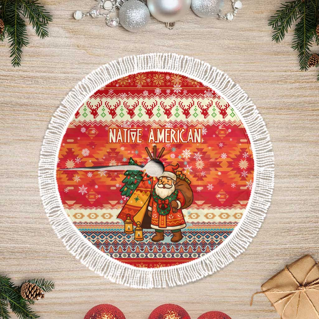 Native American Christmas Tree Skirt with Red & Orange Geometric Pattern Santa Claus and Teepee Motif - Wonder Print Shop