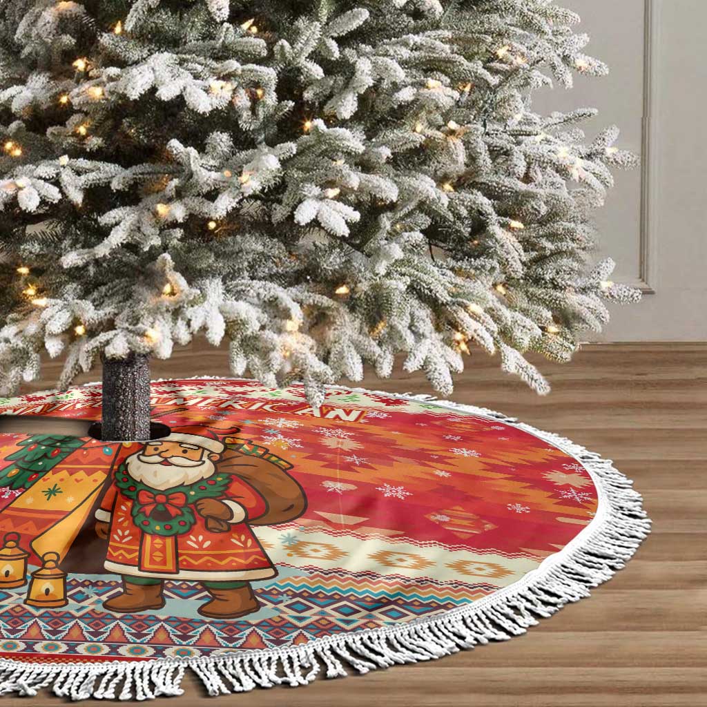 Native American Christmas Tree Skirt with Red & Orange Geometric Pattern Santa Claus and Teepee Motif - Wonder Print Shop