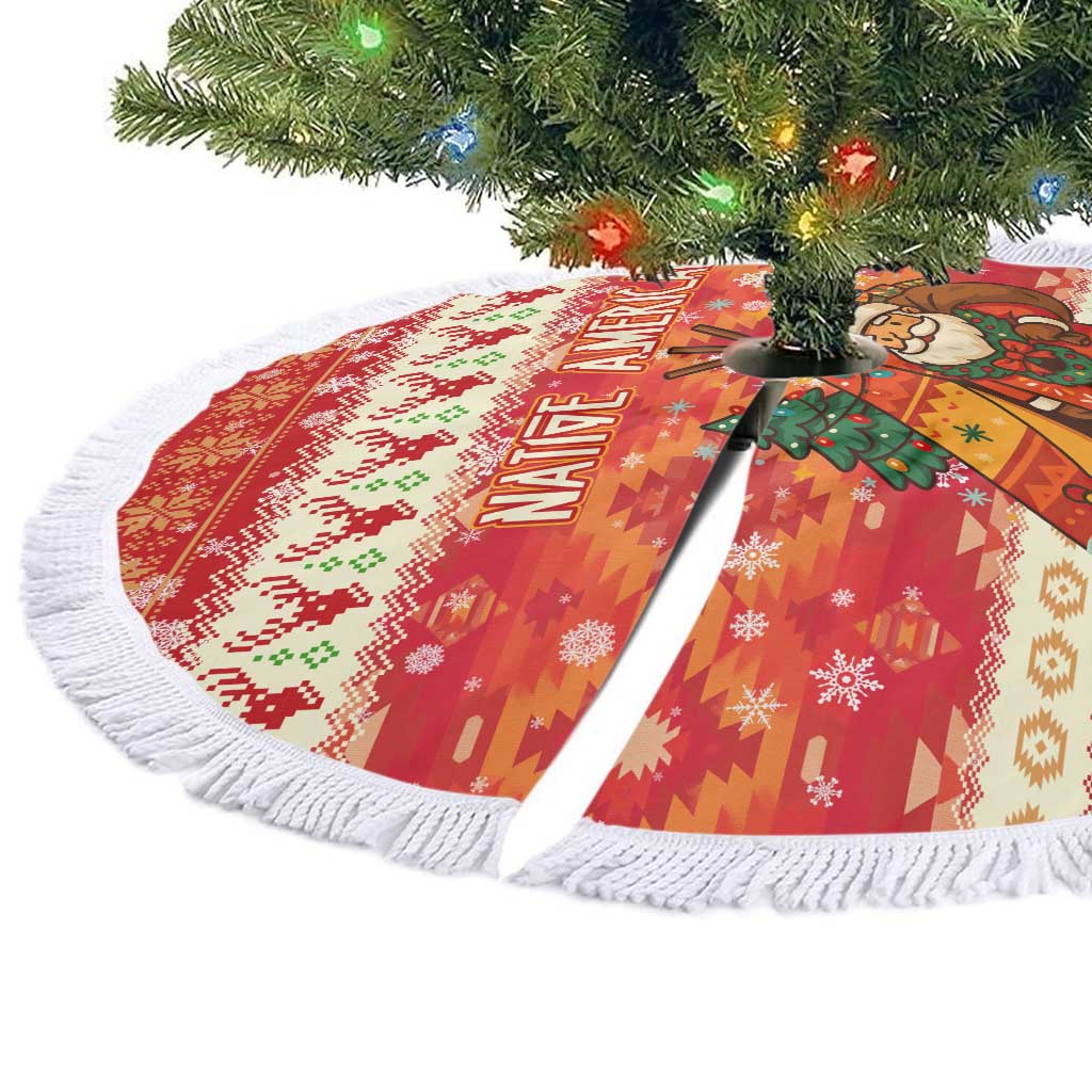 Native American Christmas Tree Skirt with Red & Orange Geometric Pattern Santa Claus and Teepee Motif - Wonder Print Shop