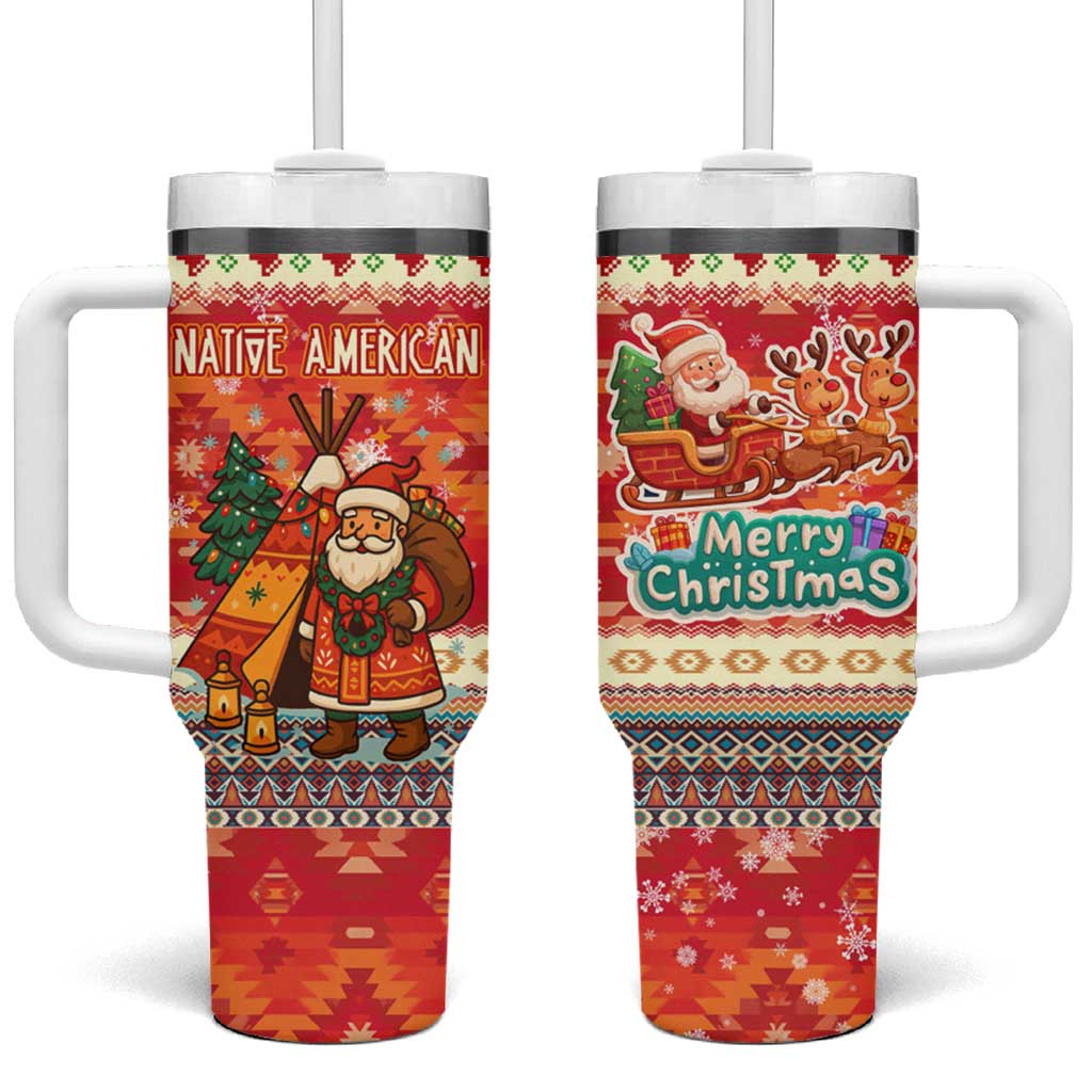 Native American Christmas Tumbler With Handle with Red & Orange Geometric Pattern Santa Claus and Teepee Motif - Wonder Print Shop