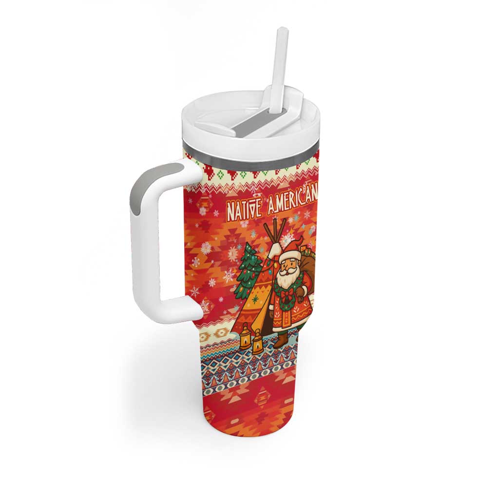 Native American Christmas Tumbler With Handle with Red & Orange Geometric Pattern Santa Claus and Teepee Motif - Wonder Print Shop