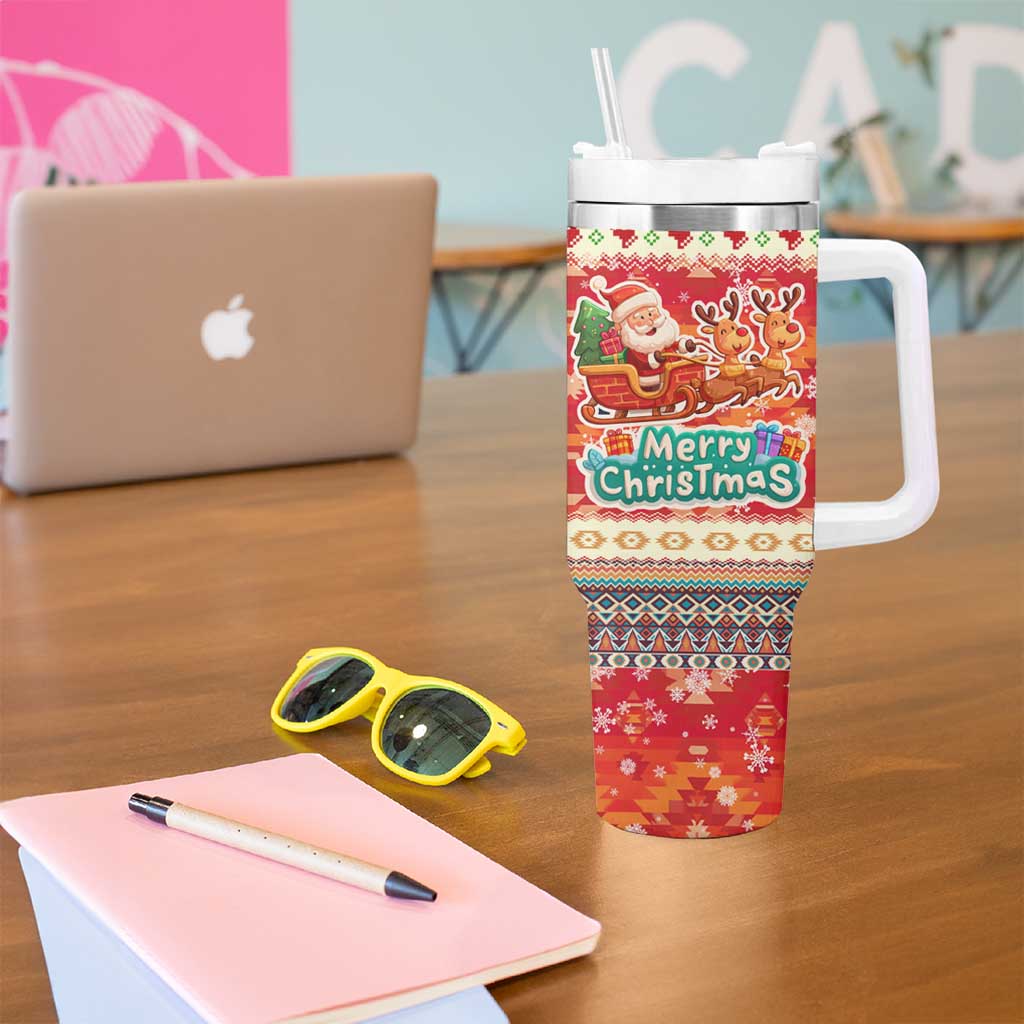 Native American Christmas Tumbler With Handle with Red & Orange Geometric Pattern Santa Claus and Teepee Motif - Wonder Print Shop