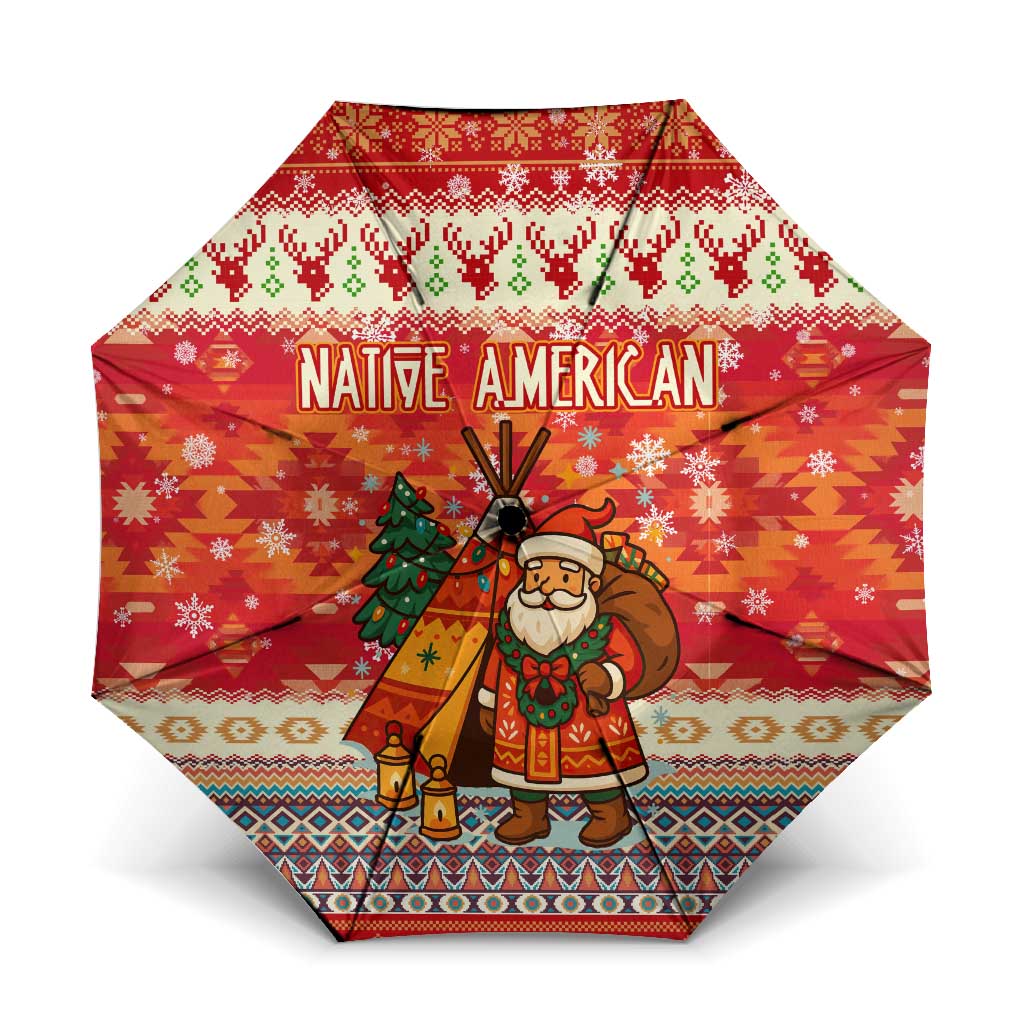 Native American Christmas Umbrella with Red & Orange Geometric Pattern Santa Claus and Teepee Motif - Wonder Print Shop