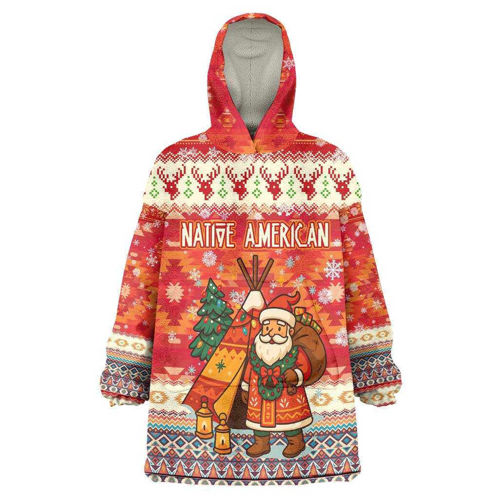 Native American Christmas Wearable Blanket Hoodie with Red & Orange Geometric Pattern Santa Claus and Teepee Motif - Wonder Print Shop