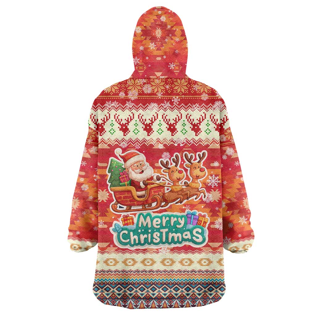 Native American Christmas Wearable Blanket Hoodie with Red & Orange Geometric Pattern Santa Claus and Teepee Motif - Wonder Print Shop