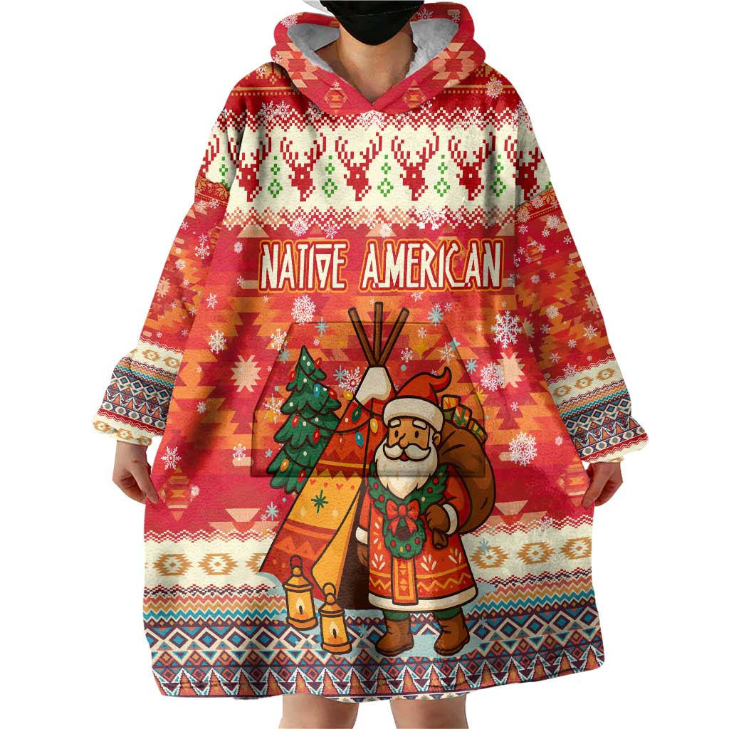 Native American Christmas Wearable Blanket Hoodie with Red & Orange Geometric Pattern Santa Claus and Teepee Motif - Wonder Print Shop
