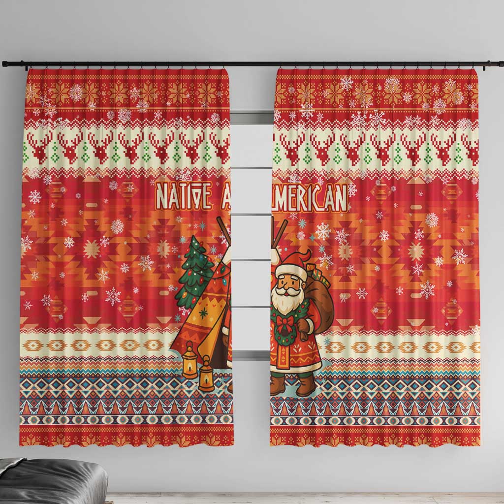Native American Christmas Window Curtain with Red & Orange Geometric Pattern Santa Claus and Teepee Motif - Wonder Print Shop