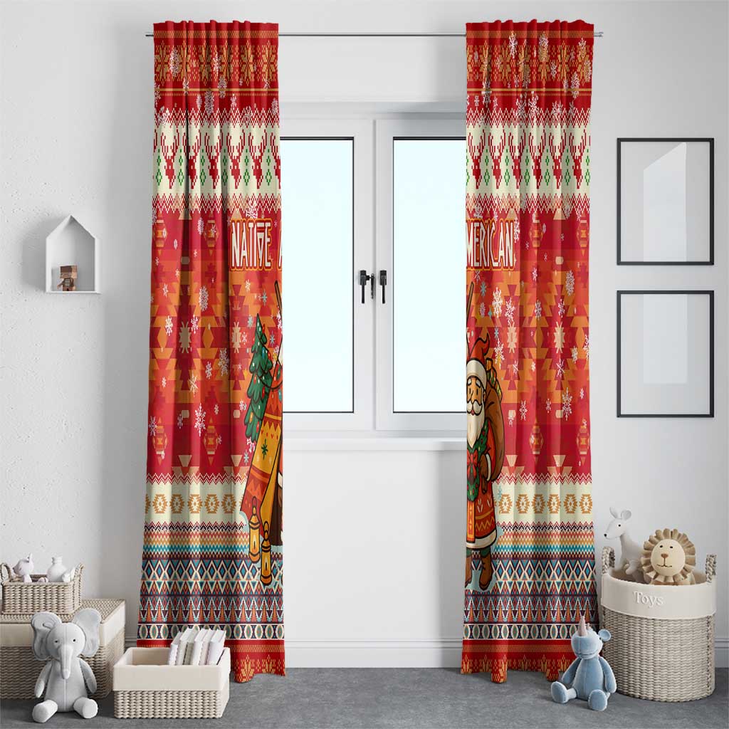 Native American Christmas Window Curtain with Red & Orange Geometric Pattern Santa Claus and Teepee Motif - Wonder Print Shop