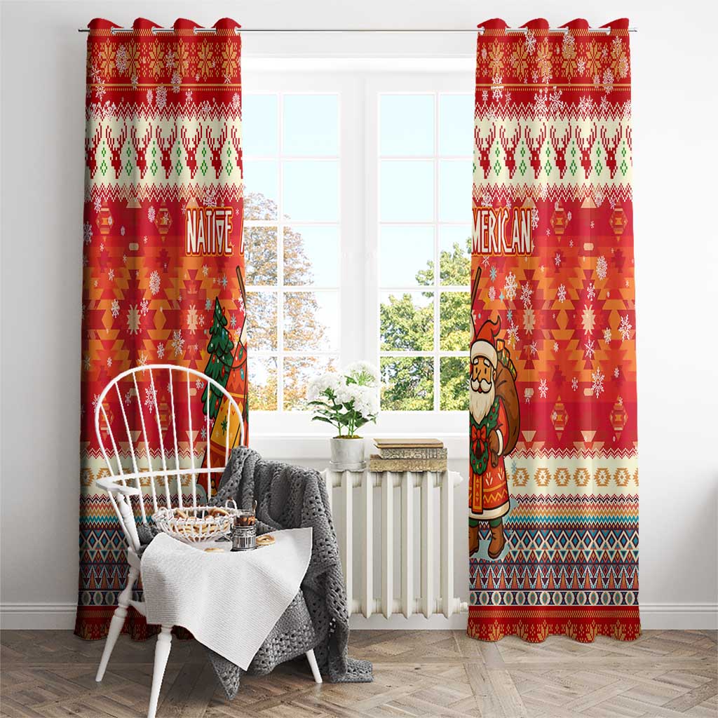 Native American Christmas Window Curtain with Red & Orange Geometric Pattern Santa Claus and Teepee Motif - Wonder Print Shop