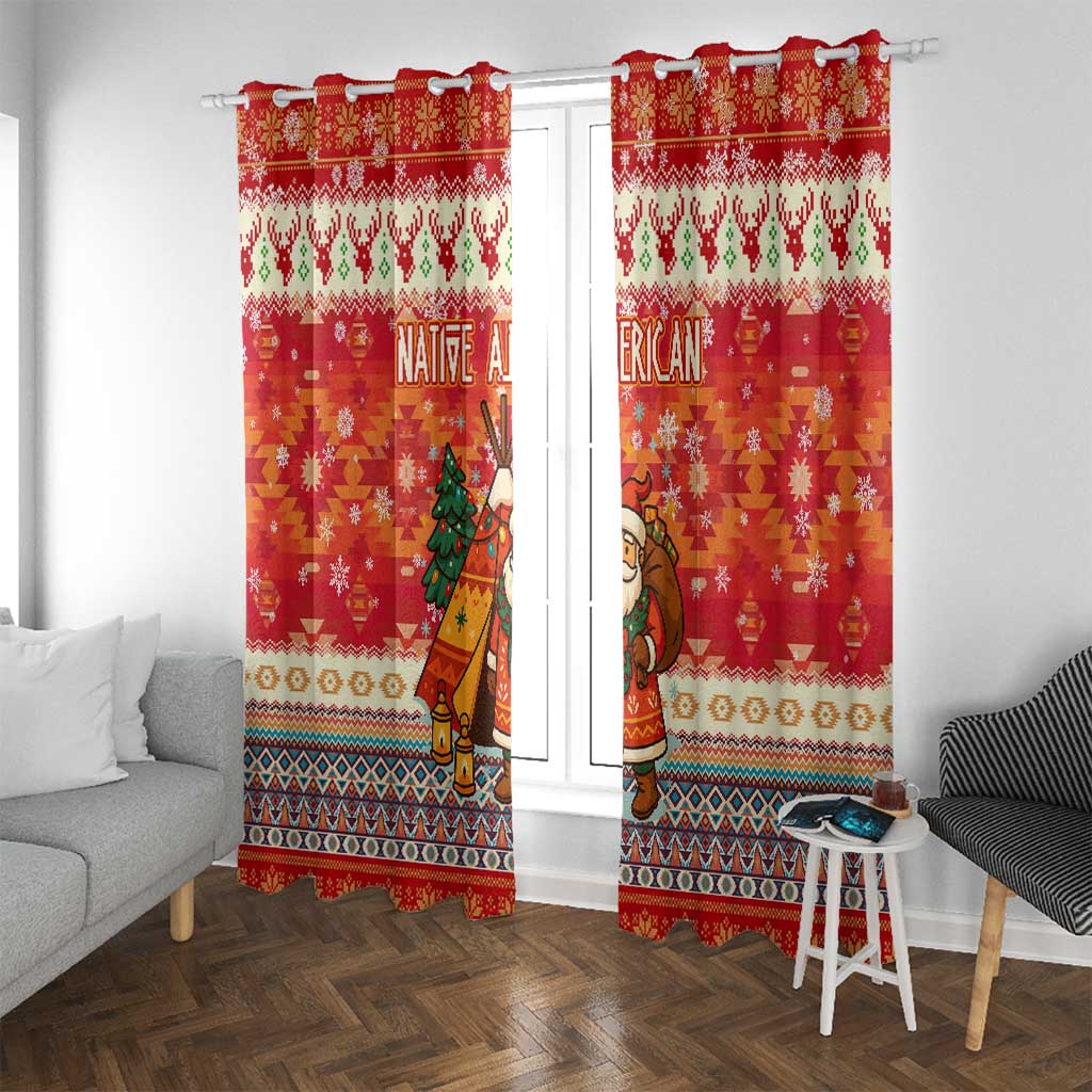 Native American Christmas Window Curtain with Red & Orange Geometric Pattern Santa Claus and Teepee Motif - Wonder Print Shop