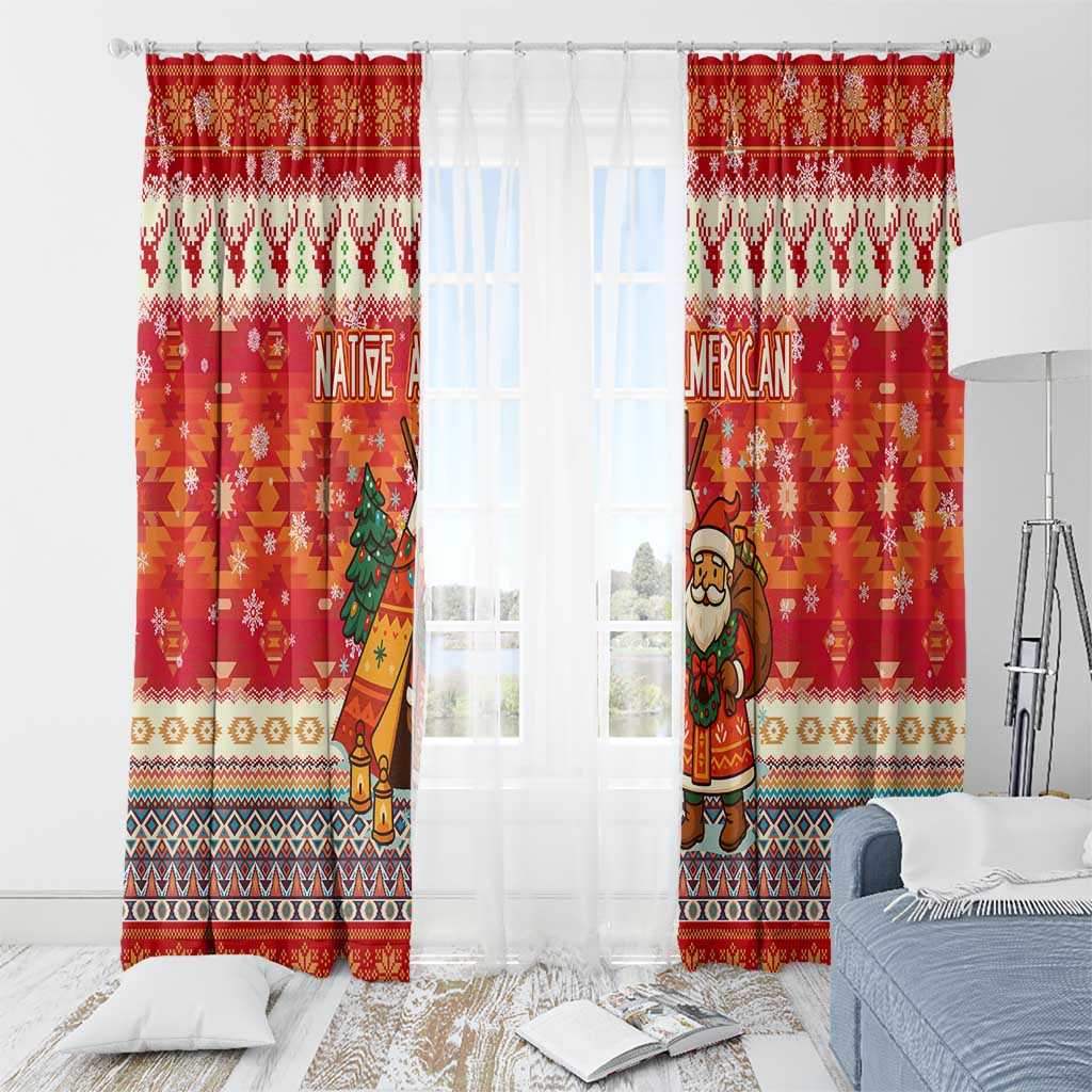 Native American Christmas Window Curtain with Red & Orange Geometric Pattern Santa Claus and Teepee Motif - Wonder Print Shop
