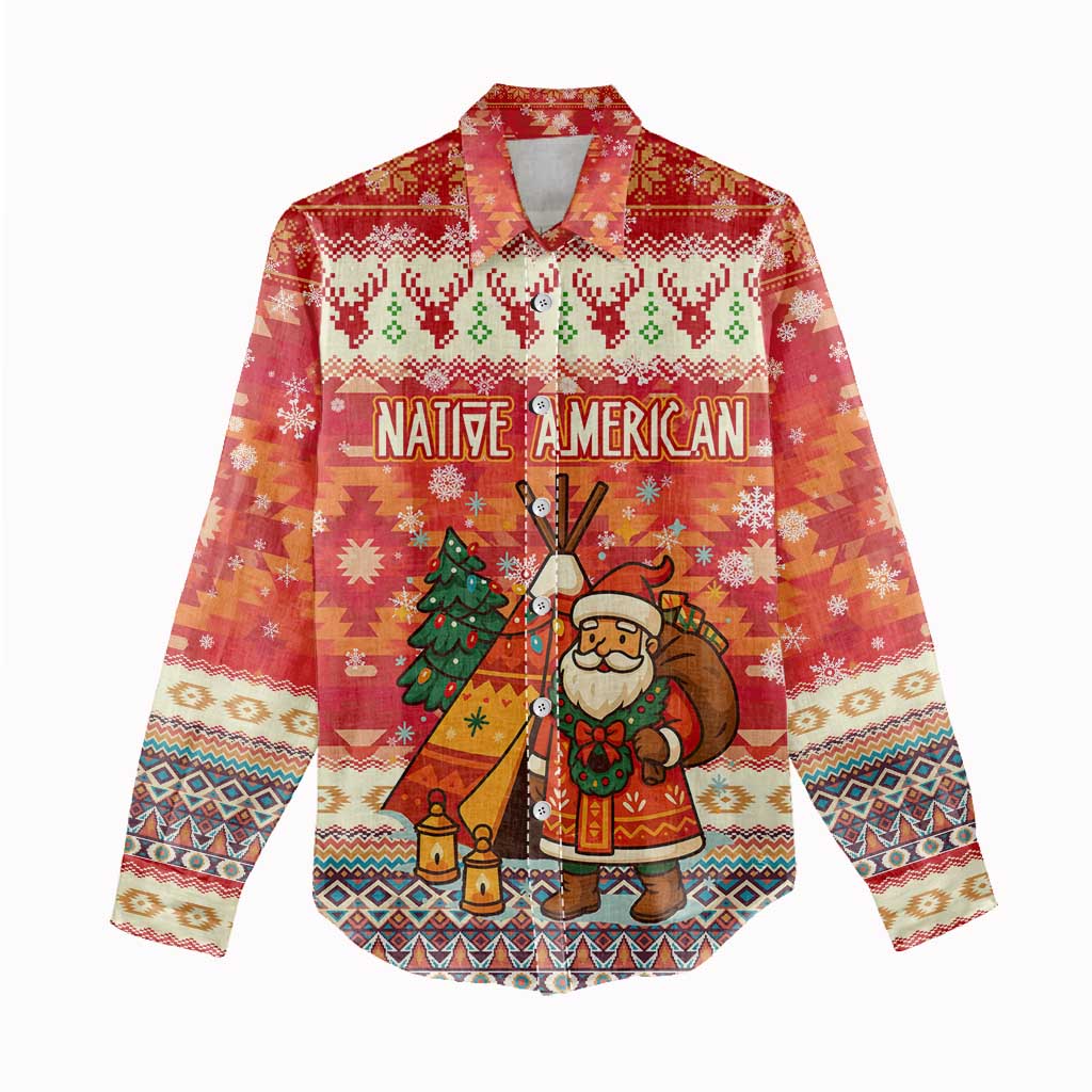 Native American Christmas Women Casual Shirt with Red & Orange Geometric Pattern Santa Claus and Teepee Motif - Wonder Print Shop