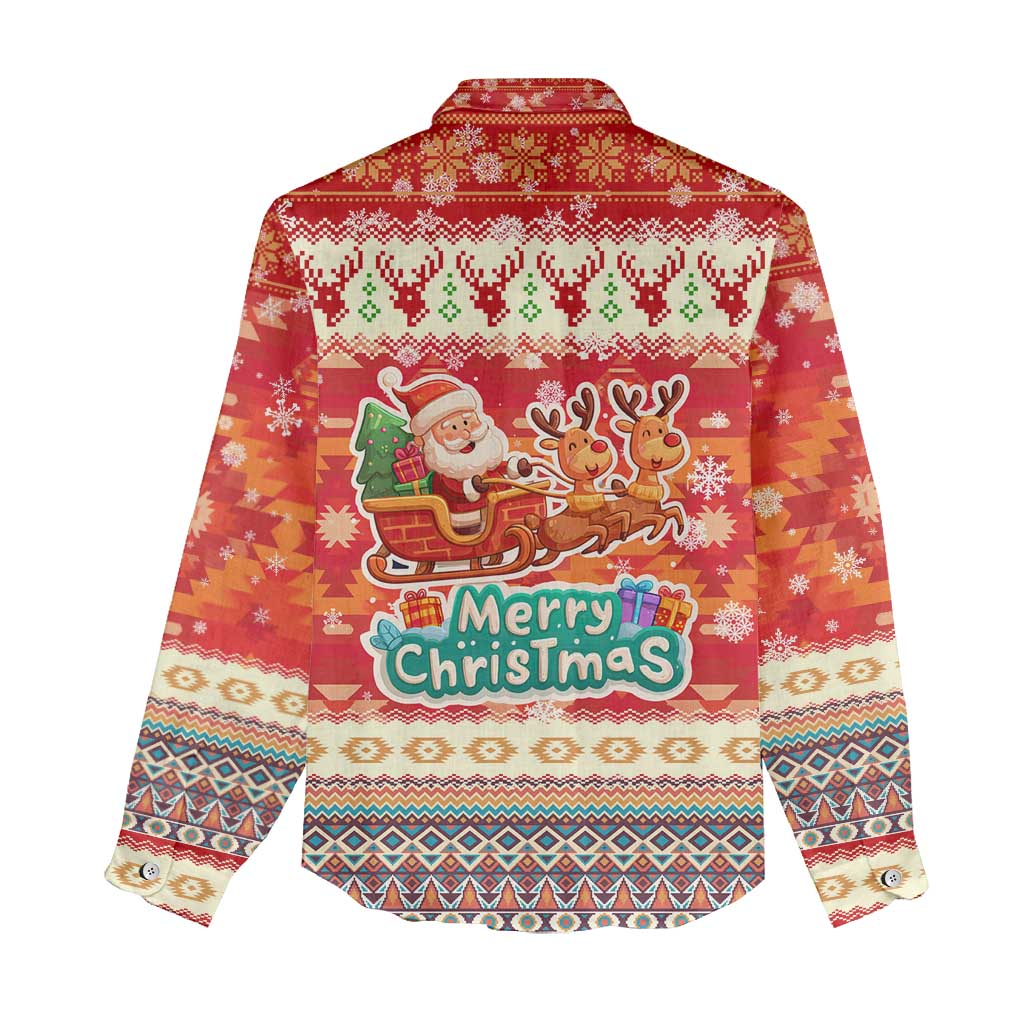 Native American Christmas Women Casual Shirt with Red & Orange Geometric Pattern Santa Claus and Teepee Motif - Wonder Print Shop