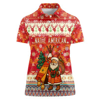 Native American Christmas Women Polo Shirt with Red & Orange Geometric Pattern Santa Claus and Teepee Motif - Wonder Print Shop