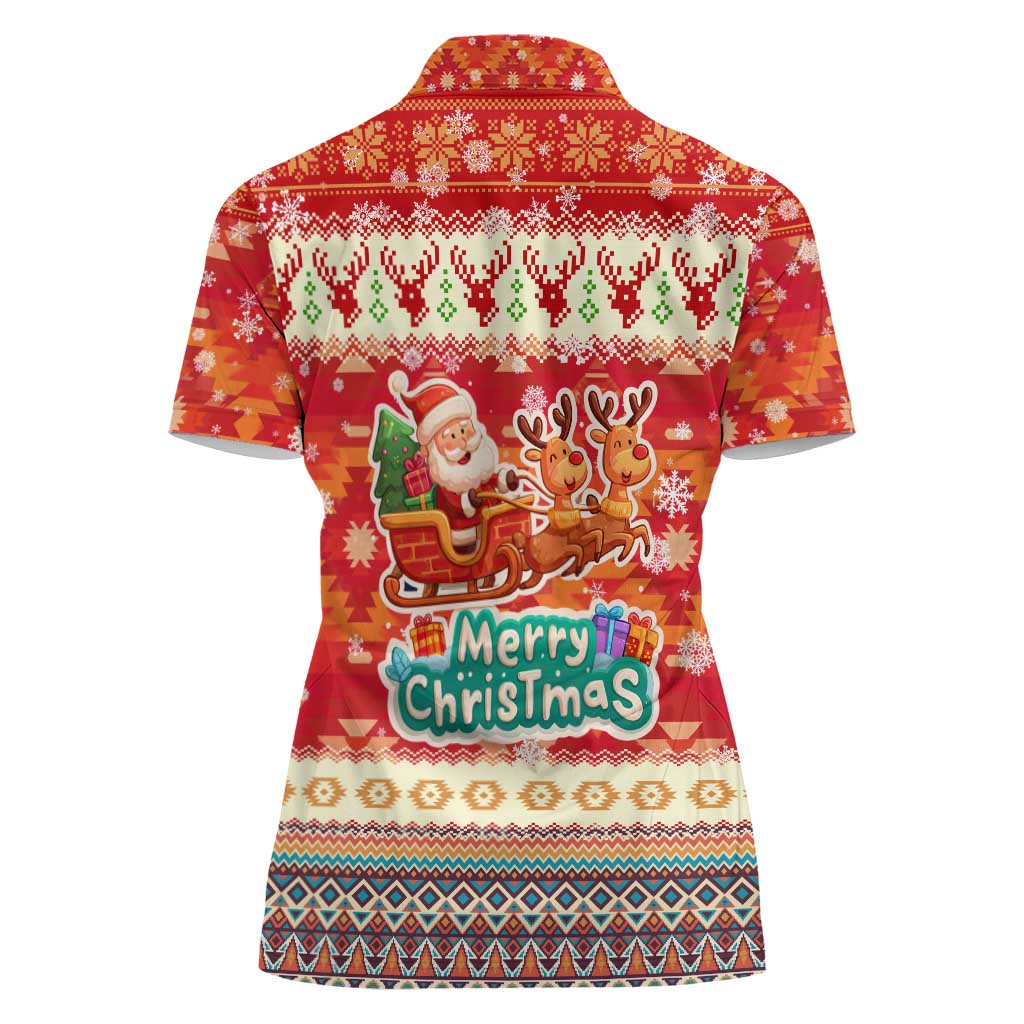 Native American Christmas Women Polo Shirt with Red & Orange Geometric Pattern Santa Claus and Teepee Motif - Wonder Print Shop