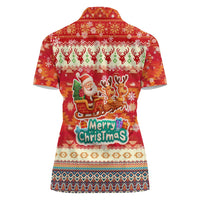 Native American Christmas Women Polo Shirt with Red & Orange Geometric Pattern Santa Claus and Teepee Motif - Wonder Print Shop