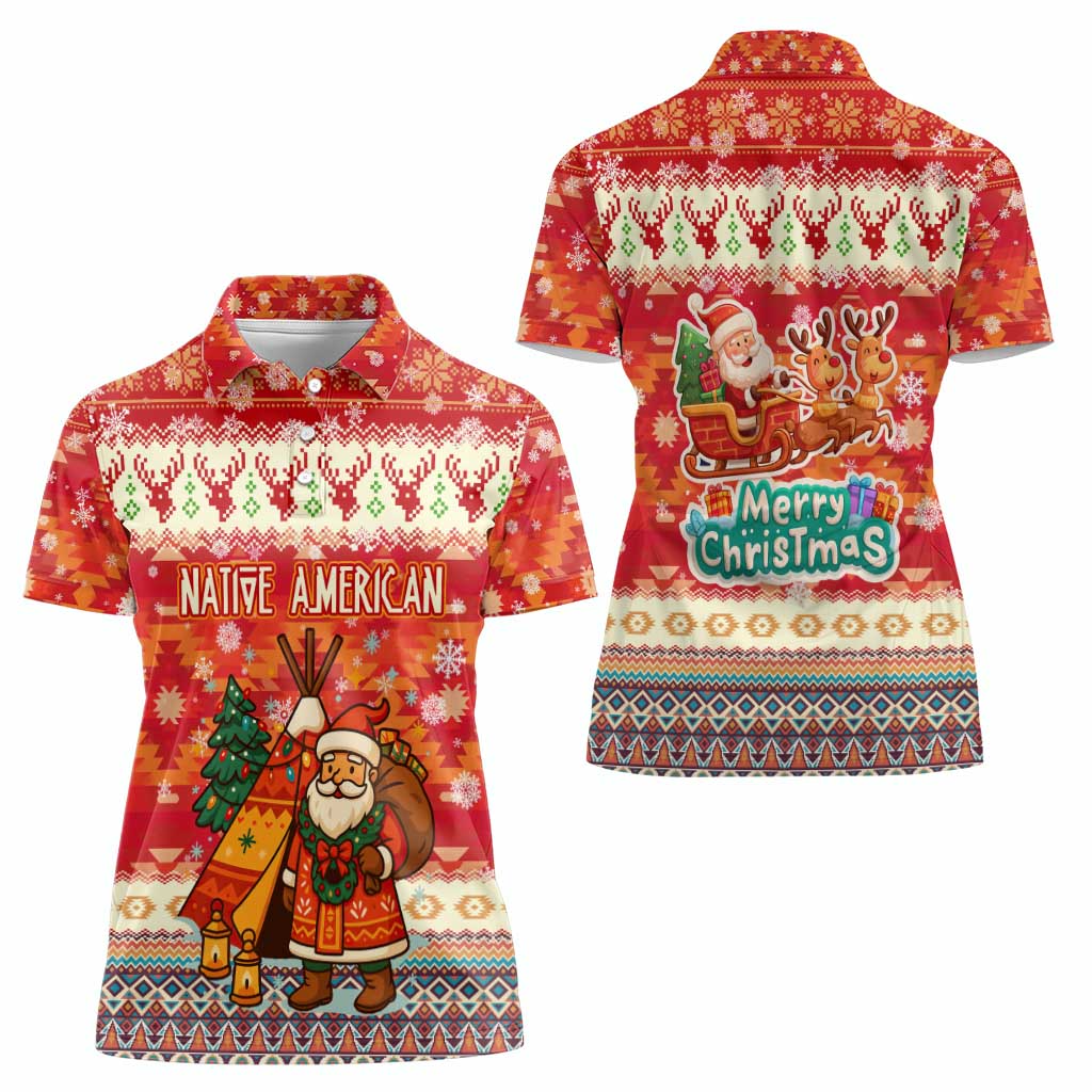 Native American Christmas Women Polo Shirt with Red & Orange Geometric Pattern Santa Claus and Teepee Motif - Wonder Print Shop
