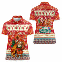 Native American Christmas Women Polo Shirt with Red & Orange Geometric Pattern Santa Claus and Teepee Motif - Wonder Print Shop