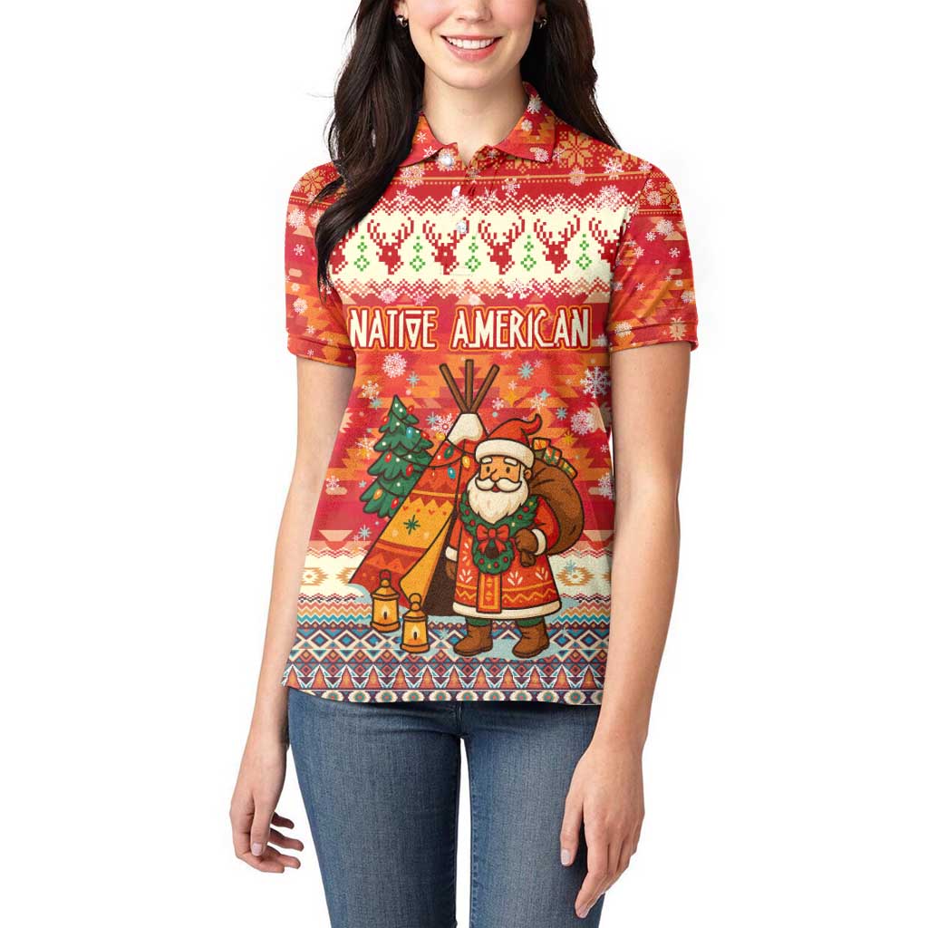 Native American Christmas Women Polo Shirt with Red & Orange Geometric Pattern Santa Claus and Teepee Motif - Wonder Print Shop