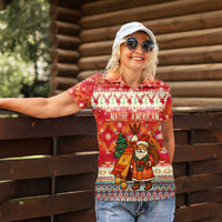 Native American Christmas Women Polo Shirt with Red & Orange Geometric Pattern Santa Claus and Teepee Motif - Wonder Print Shop