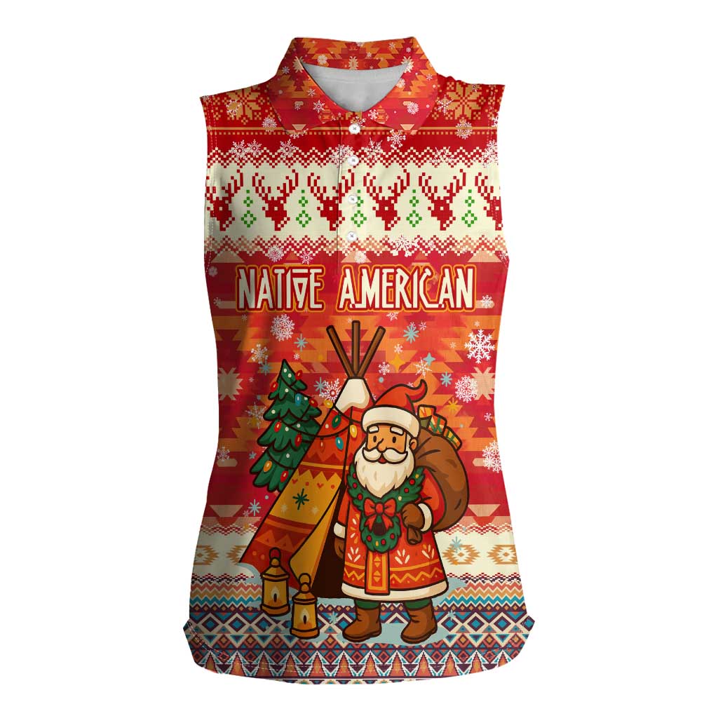 Native American Christmas Women Sleeveless Polo Shirt with Red & Orange Geometric Pattern Santa Claus and Teepee Motif - Wonder Print Shop