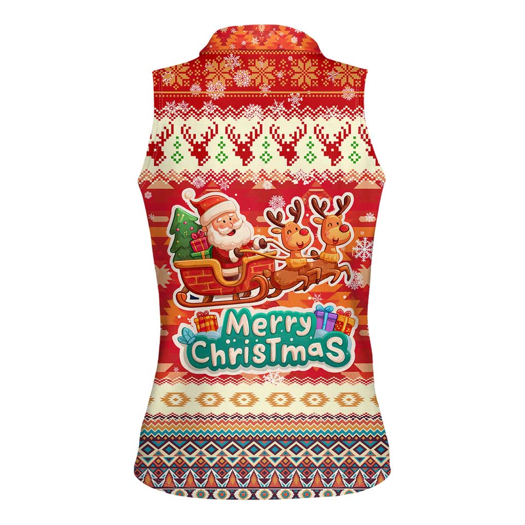 Native American Christmas Women Sleeveless Polo Shirt with Red & Orange Geometric Pattern Santa Claus and Teepee Motif - Wonder Print Shop