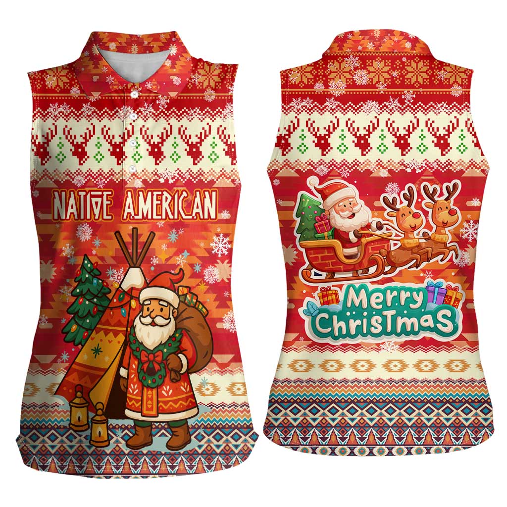 Native American Christmas Women Sleeveless Polo Shirt with Red & Orange Geometric Pattern Santa Claus and Teepee Motif - Wonder Print Shop