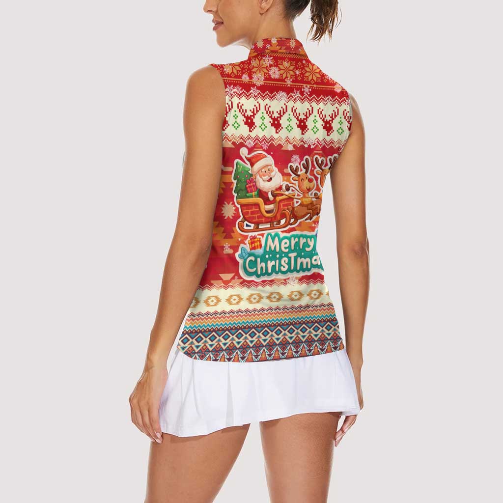 Native American Christmas Women Sleeveless Polo Shirt with Red & Orange Geometric Pattern Santa Claus and Teepee Motif - Wonder Print Shop