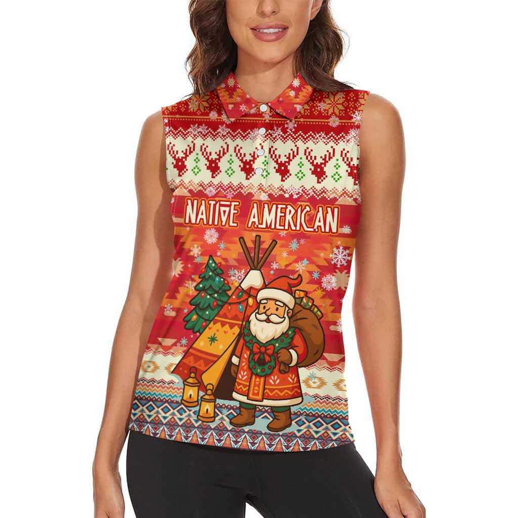 Native American Christmas Women Sleeveless Polo Shirt with Red & Orange Geometric Pattern Santa Claus and Teepee Motif - Wonder Print Shop