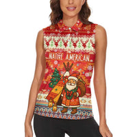 Native American Christmas Women Sleeveless Polo Shirt with Red & Orange Geometric Pattern Santa Claus and Teepee Motif - Wonder Print Shop