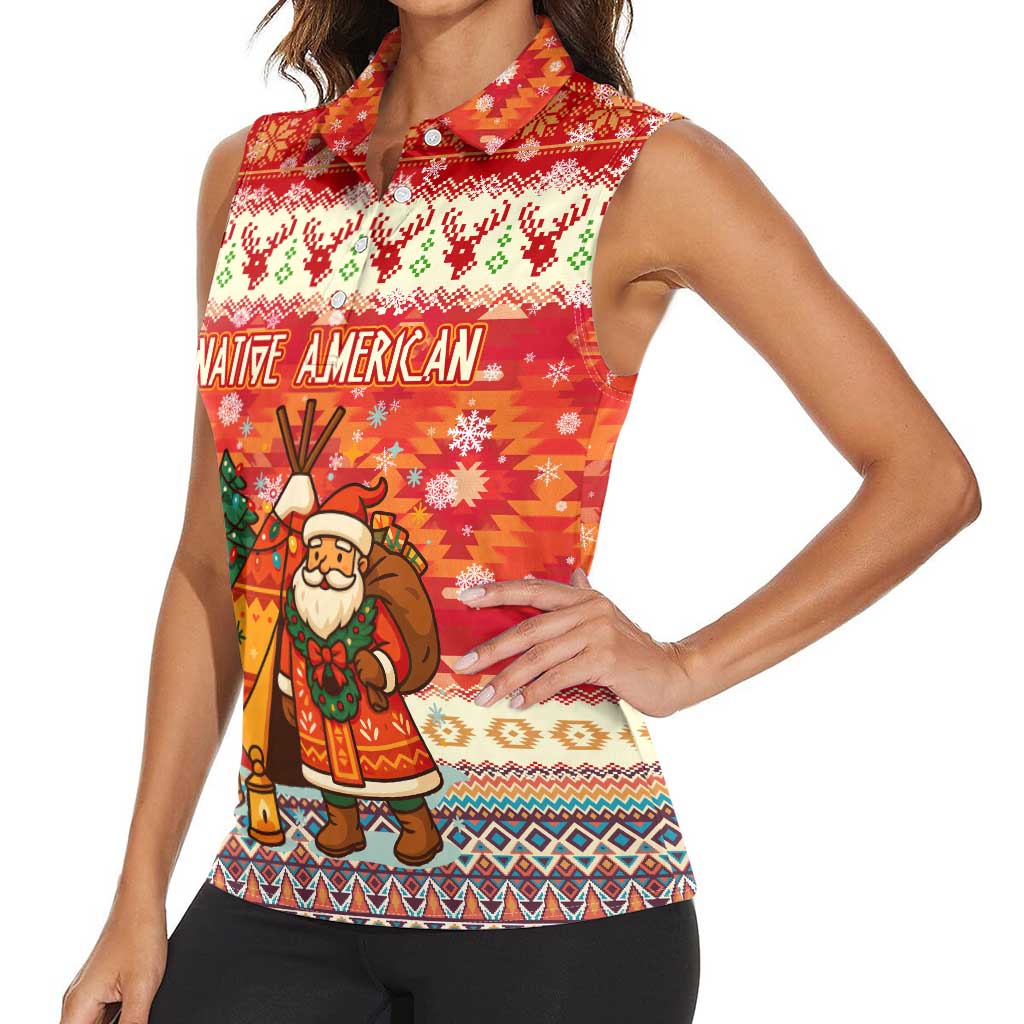 Native American Christmas Women Sleeveless Polo Shirt with Red & Orange Geometric Pattern Santa Claus and Teepee Motif - Wonder Print Shop