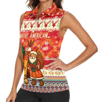 Native American Christmas Women Sleeveless Polo Shirt with Red & Orange Geometric Pattern Santa Claus and Teepee Motif - Wonder Print Shop
