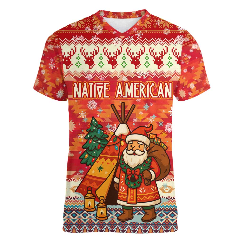 Native American Christmas Women V-Neck T-Shirt with Red & Orange Geometric Pattern Santa Claus and Teepee Motif - Wonder Print Shop