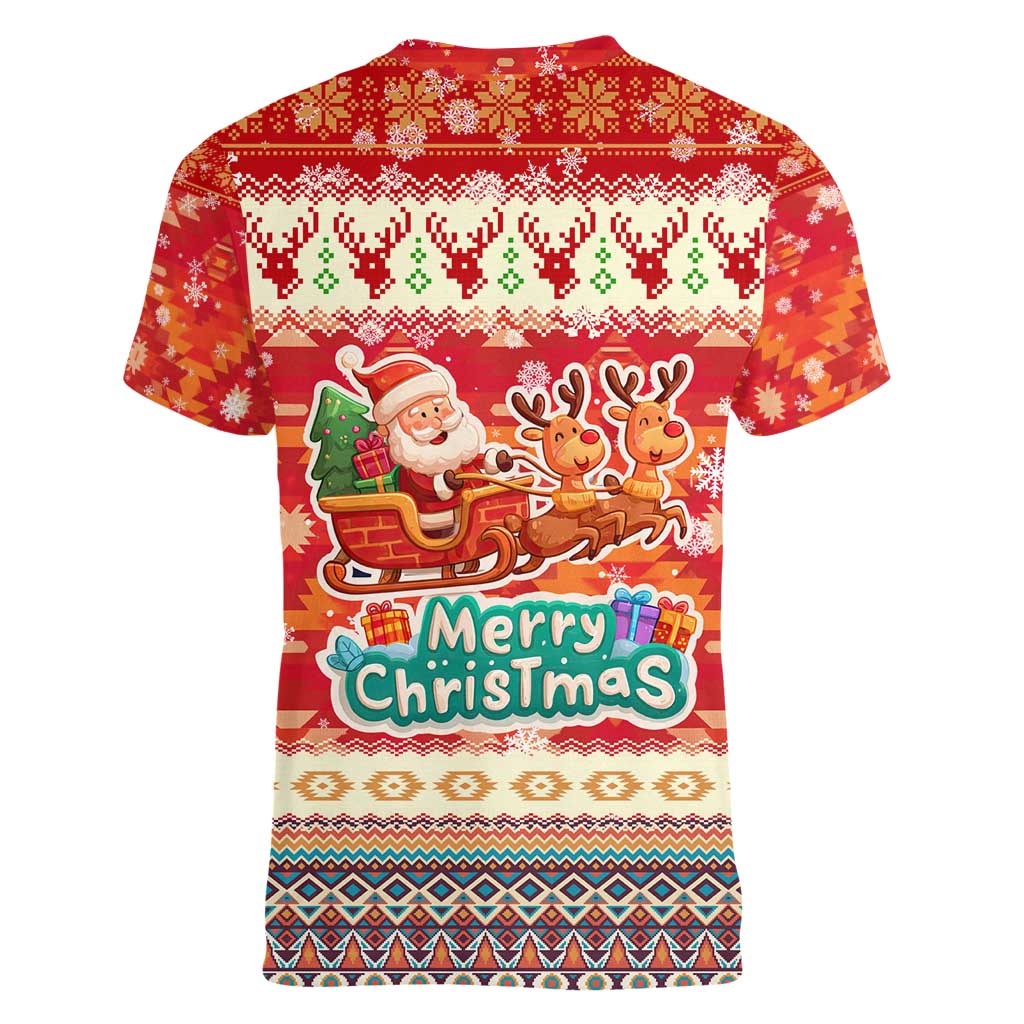 Native American Christmas Women V-Neck T-Shirt with Red & Orange Geometric Pattern Santa Claus and Teepee Motif - Wonder Print Shop