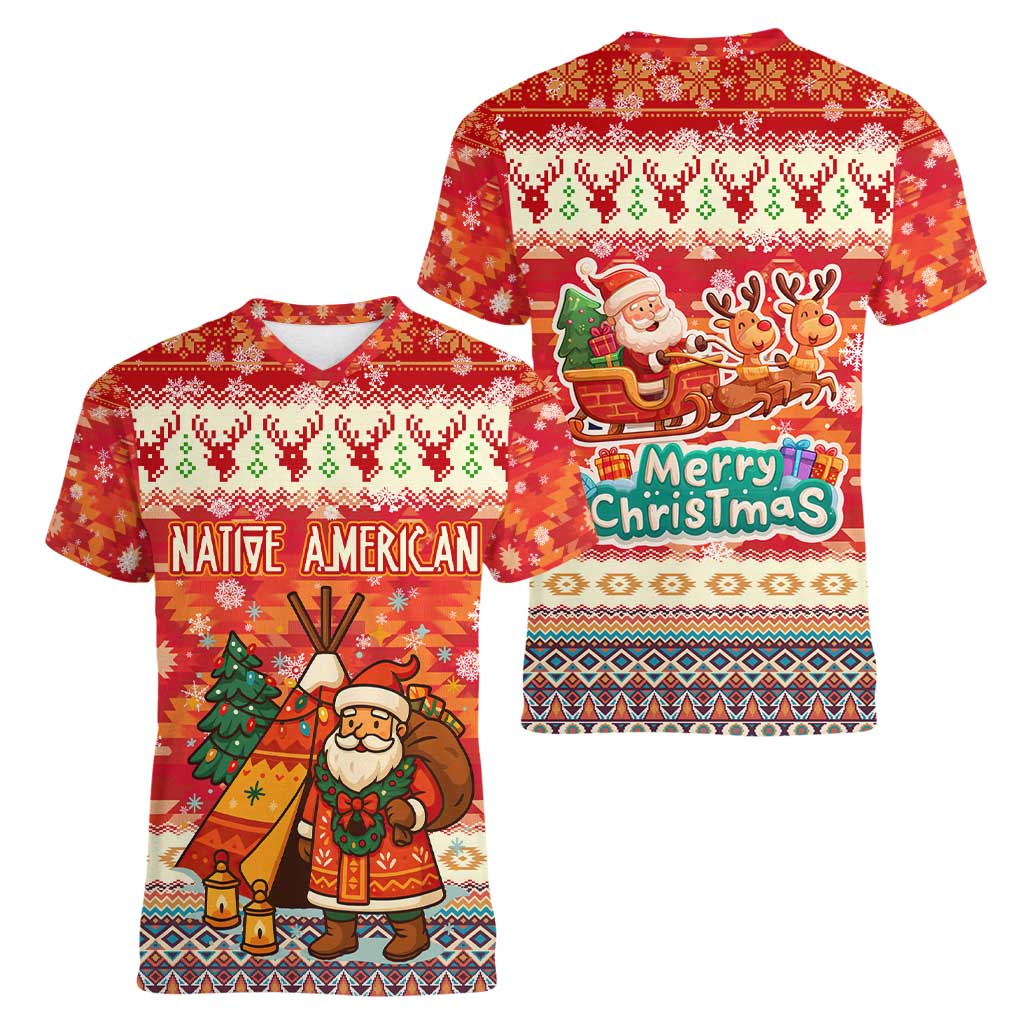 Native American Christmas Women V-Neck T-Shirt with Red & Orange Geometric Pattern Santa Claus and Teepee Motif - Wonder Print Shop