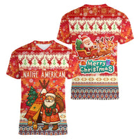 Native American Christmas Women V-Neck T-Shirt with Red & Orange Geometric Pattern Santa Claus and Teepee Motif - Wonder Print Shop