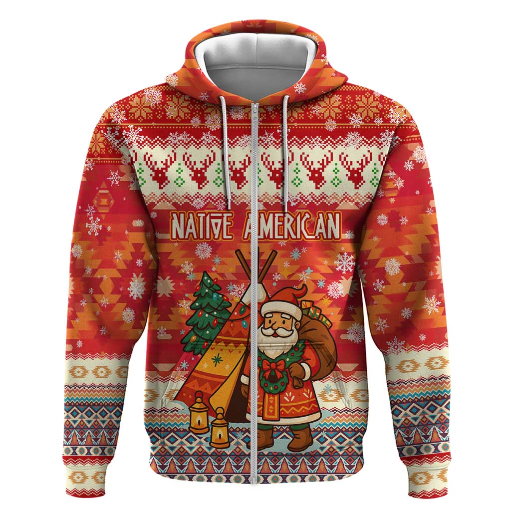 Native American Christmas Zip Hoodie with Red & Orange Geometric Pattern Santa Claus and Teepee Motif - Wonder Print Shop