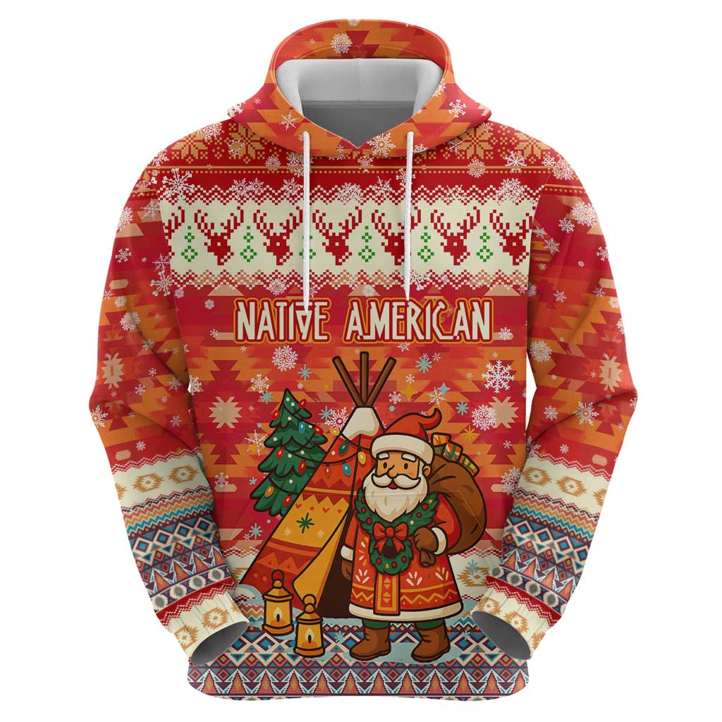 Native American Christmas Zip Hoodie with Red & Orange Geometric Pattern Santa Claus and Teepee Motif - Wonder Print Shop