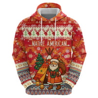 Native American Christmas Zip Hoodie with Red & Orange Geometric Pattern Santa Claus and Teepee Motif - Wonder Print Shop