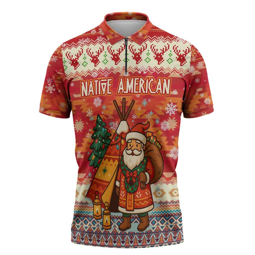 Native American Christmas Zipper Polo Shirt with Red & Orange Geometric Pattern Santa Claus and Teepee Motif - Wonder Print Shop