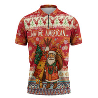 Native American Christmas Zipper Polo Shirt with Red & Orange Geometric Pattern Santa Claus and Teepee Motif - Wonder Print Shop